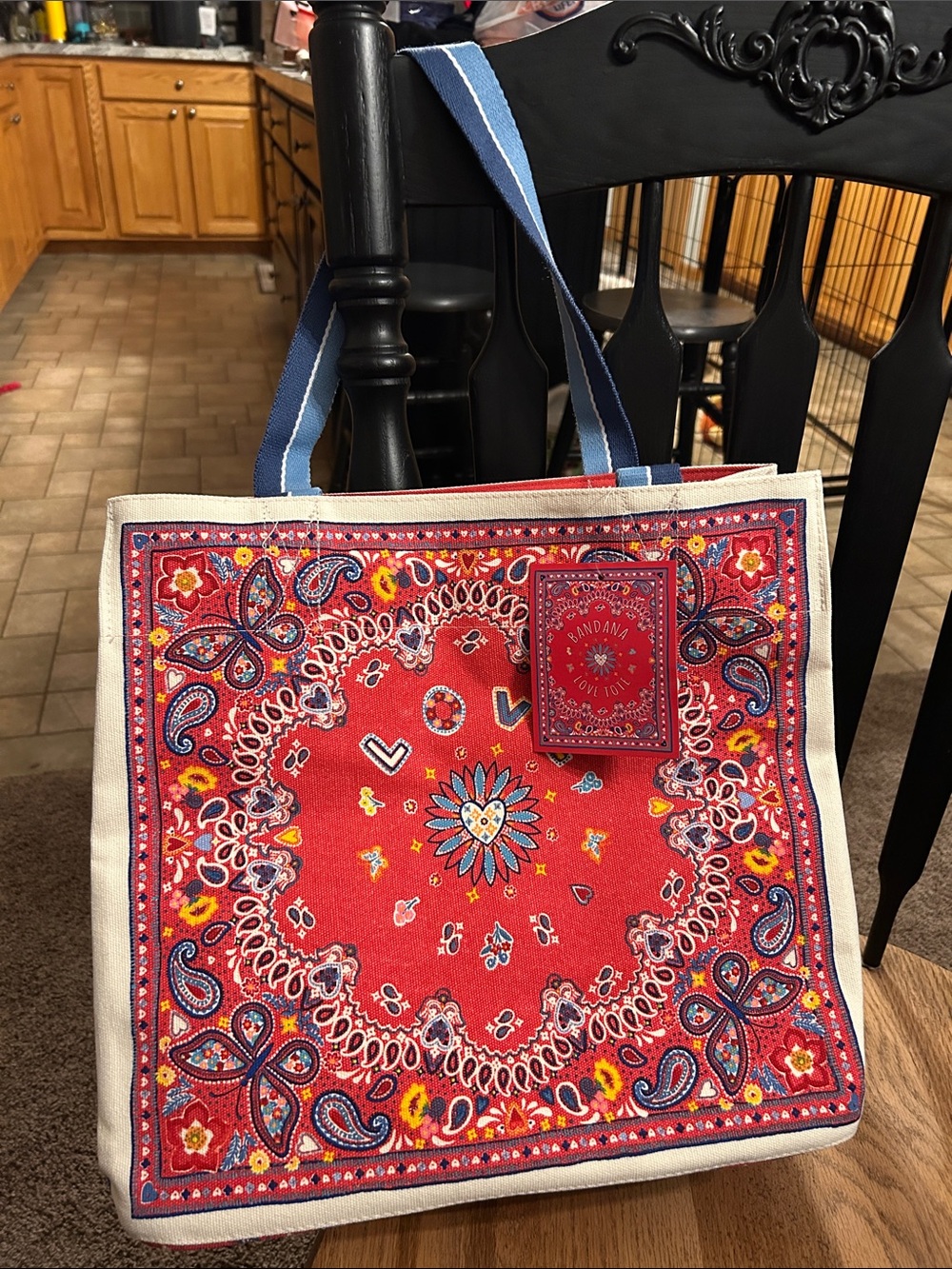 Red Bandana-Print Canvas Tote Bag with Blue Straps